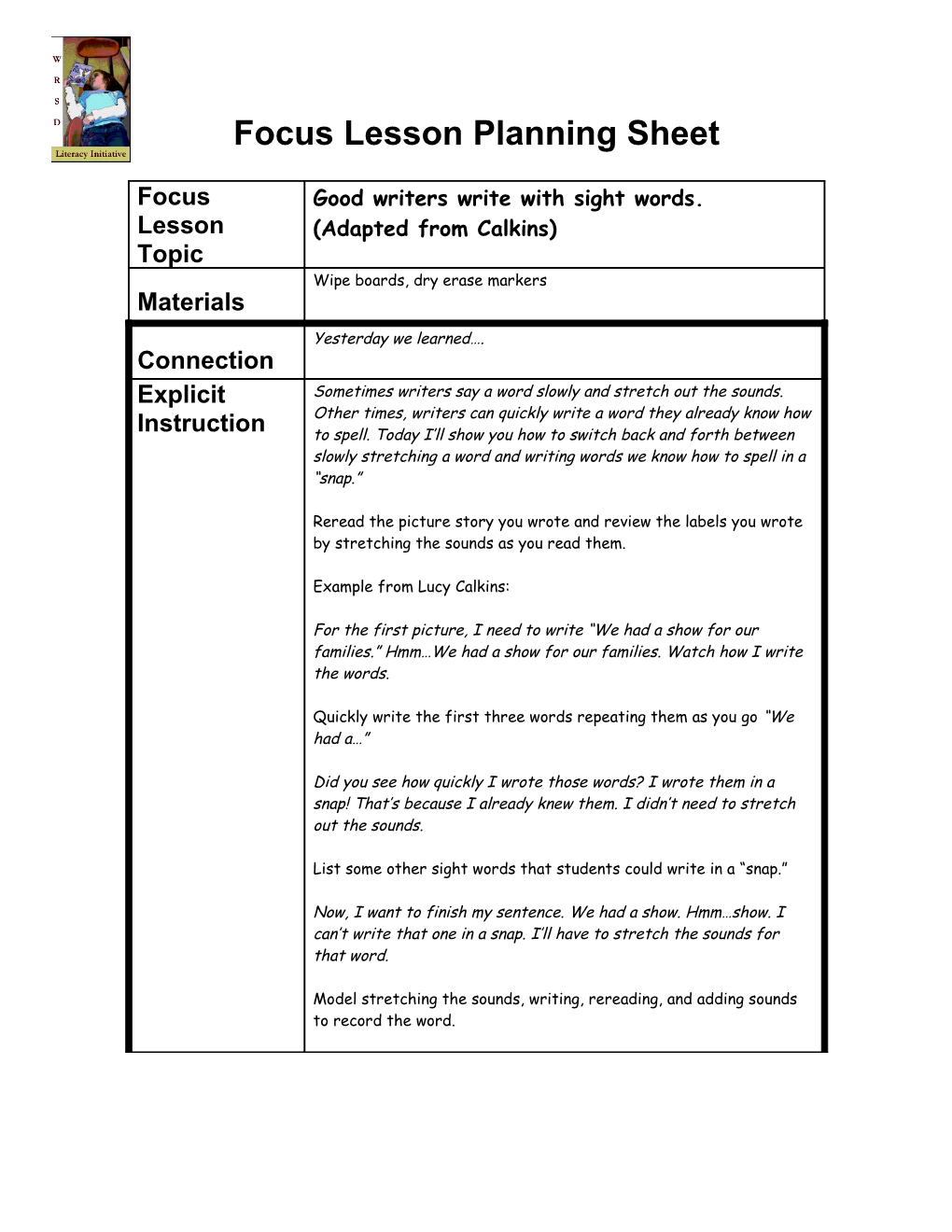 Focus Lesson Planning Sheet s5