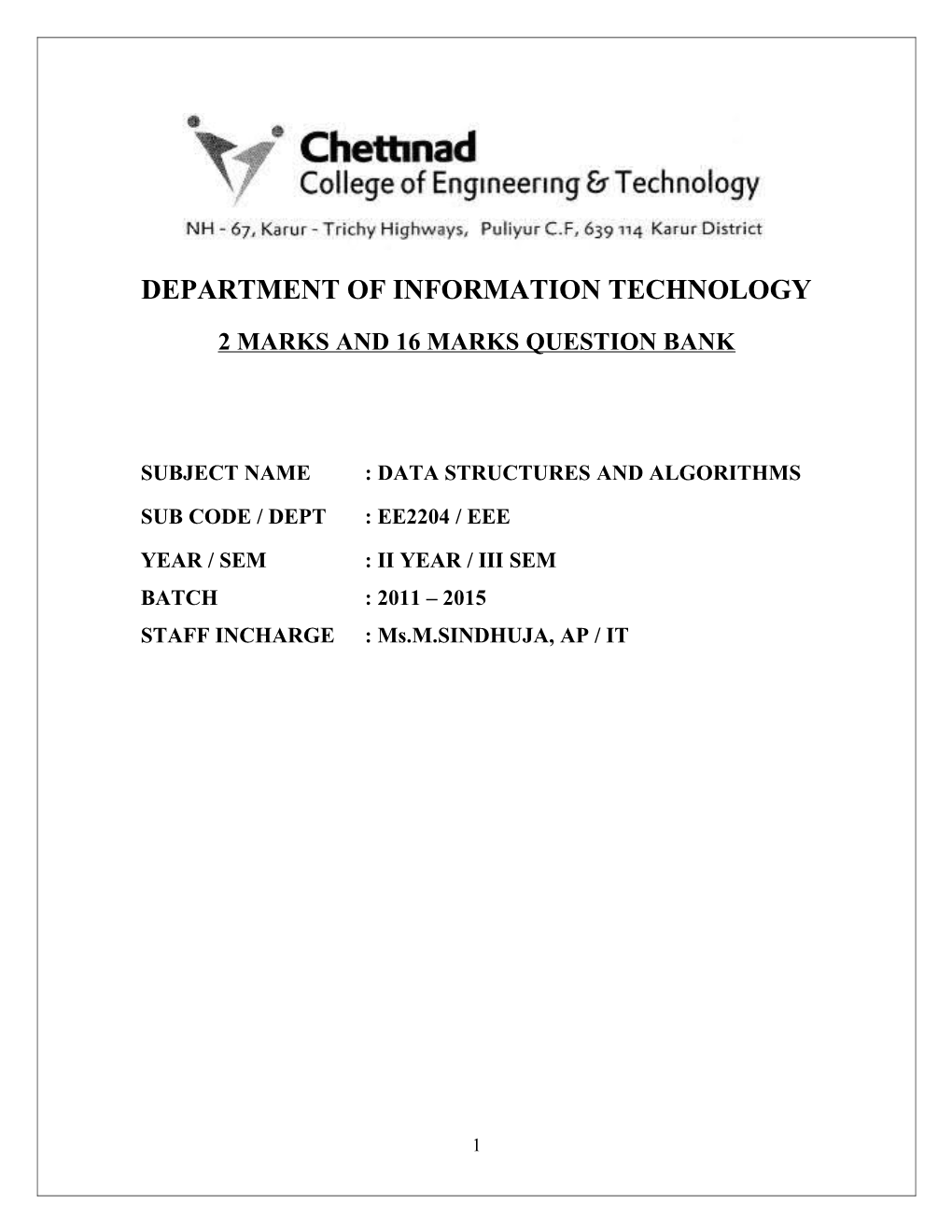 Subject Name: Data Structures and Algorithms