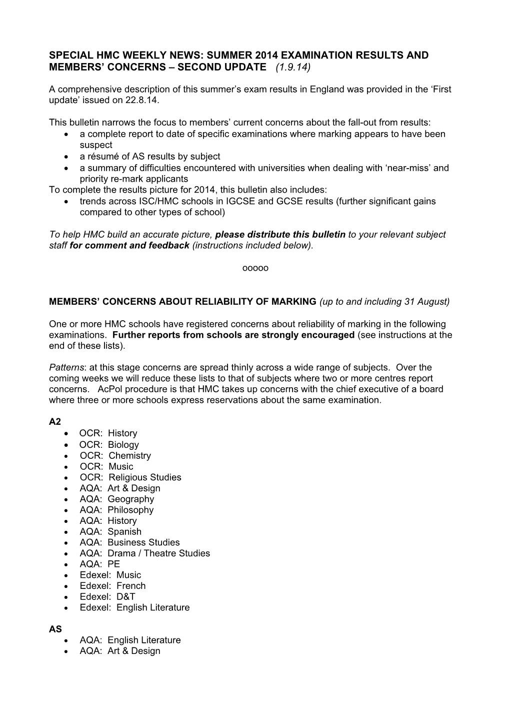 Special Hmc Weekly News: Summer 2014 Examination Results and Members Concerns Second Update