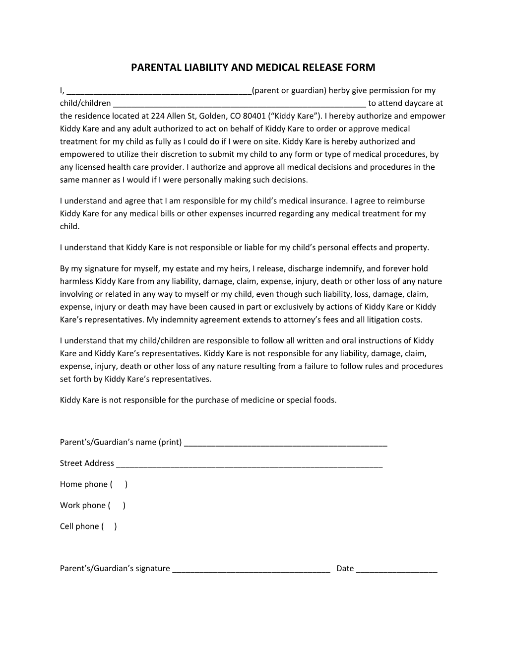 Parental Liability and Medical Release Form