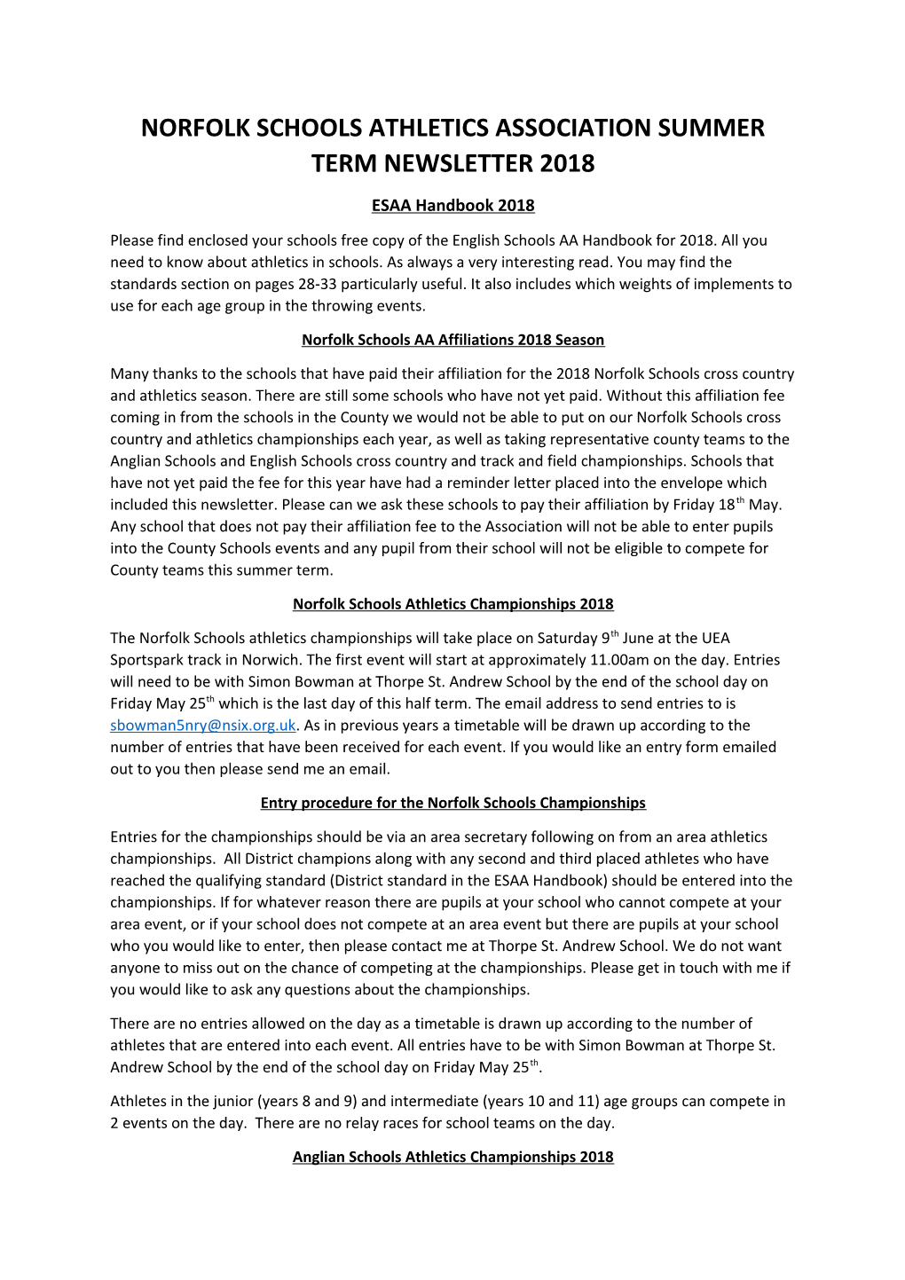 Norfolk Schools Athletics Association Summer Term Newsletter 2018