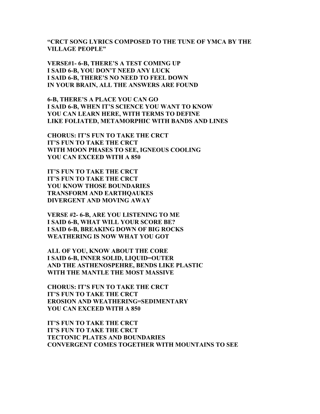 Crct Song Lyrics Composed to the Tune of Ymca by the Village People