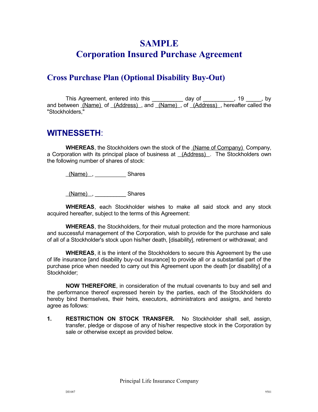 Cross Purchase Plan (Optional Disability Buy-Out)