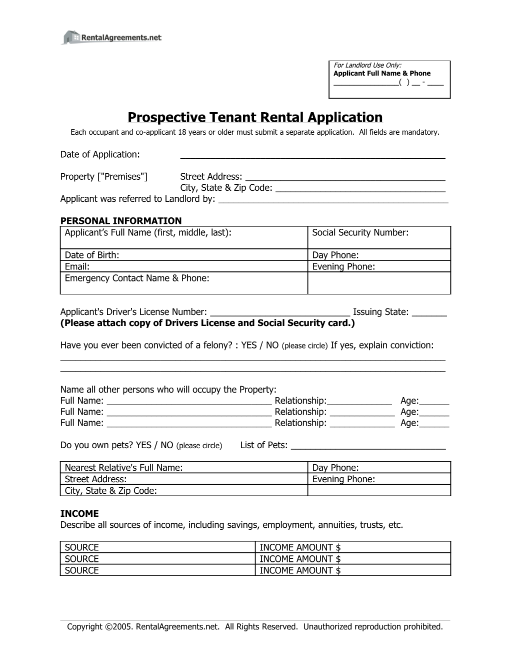 Prospective Tenant Rental Application