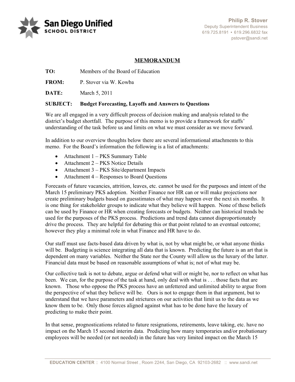 Memorandum to Board of Education Layoff Notice Information