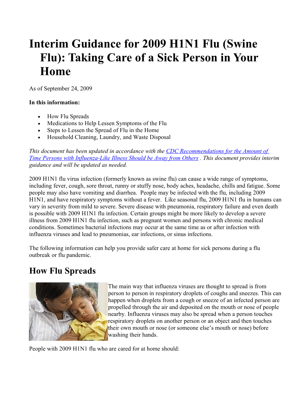 Interim Guidance for 2009 H1N1 Flu (Swine Flu): Taking Care of a Sick Person in Your Home