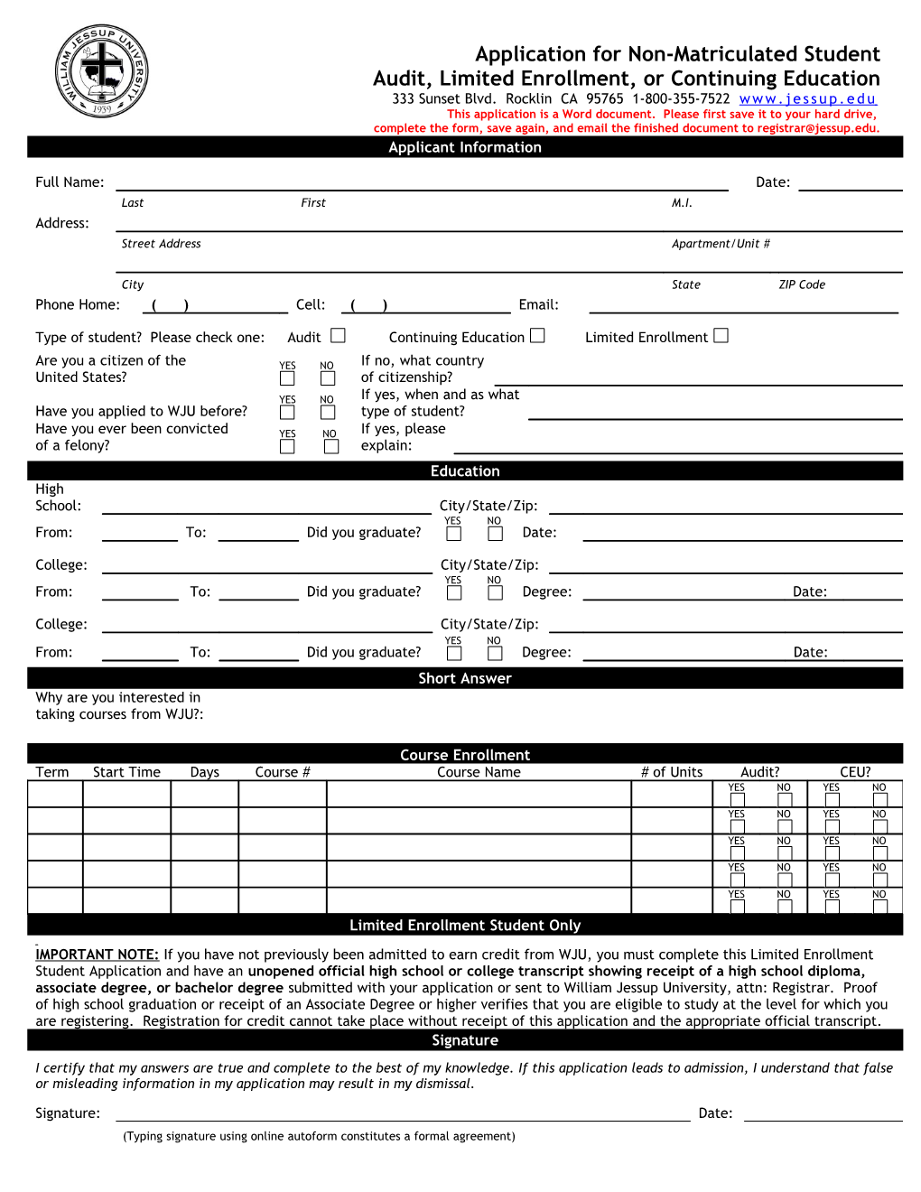 Application for Non-Matriculated Student