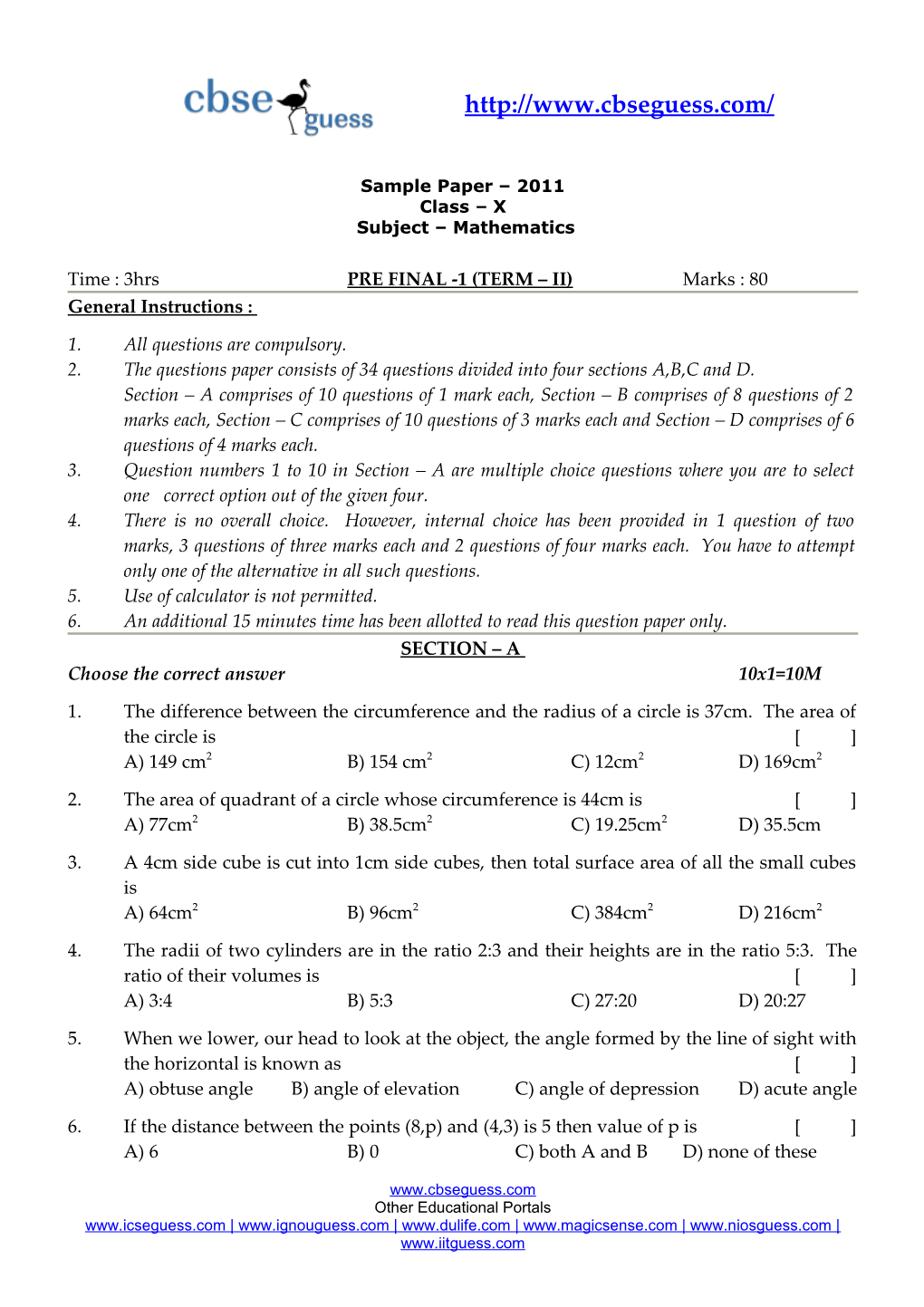 Sample Paper 2011 Class X Subject Mathematics