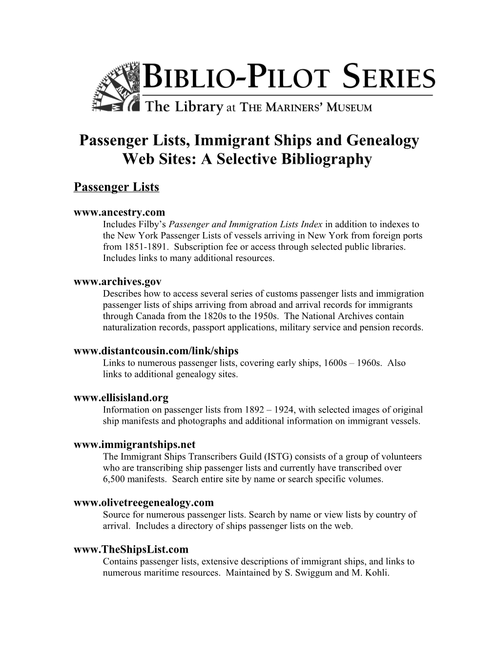 Passenger Lists, Immigrant Ships and Genealogy Web Sites: a Selective Bibliography