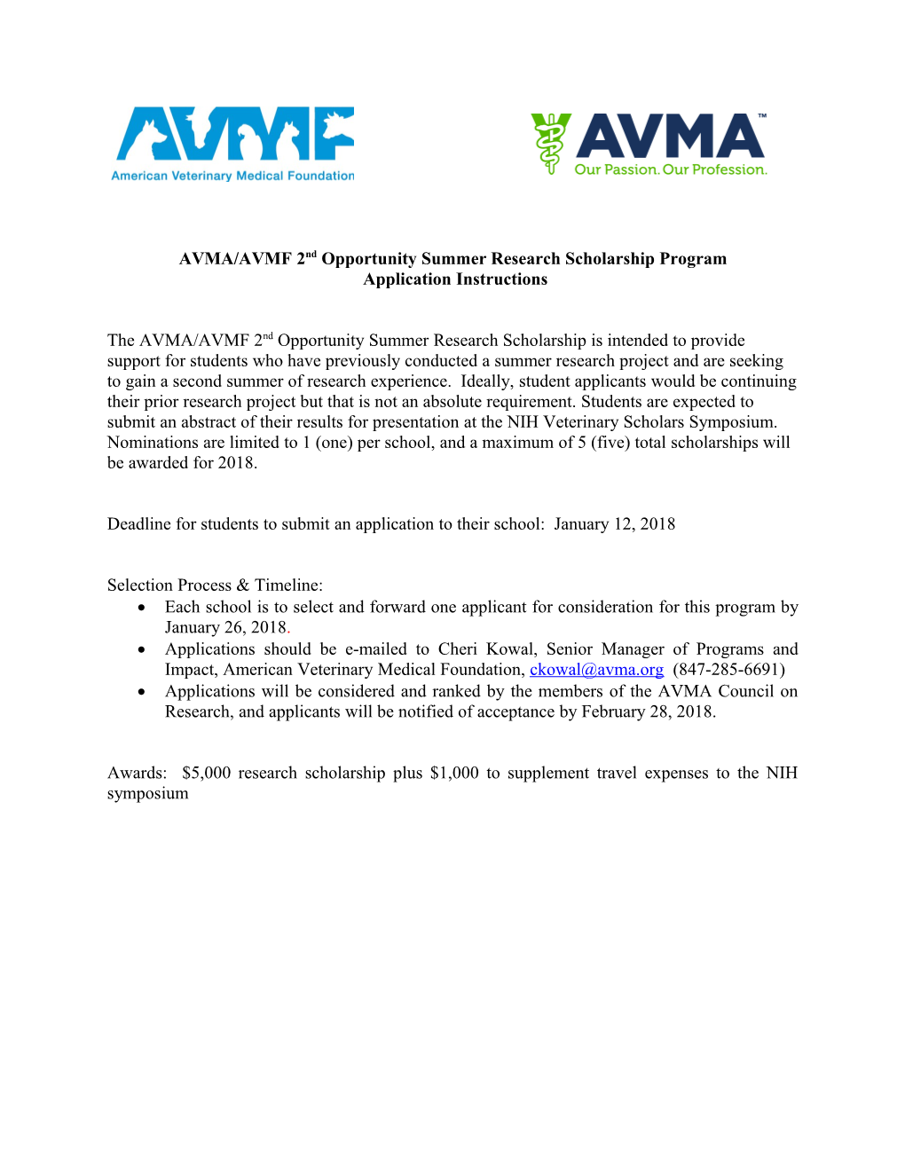 AVMA/AVMF 2Nd Opportunity Summer Research Scholarship Program