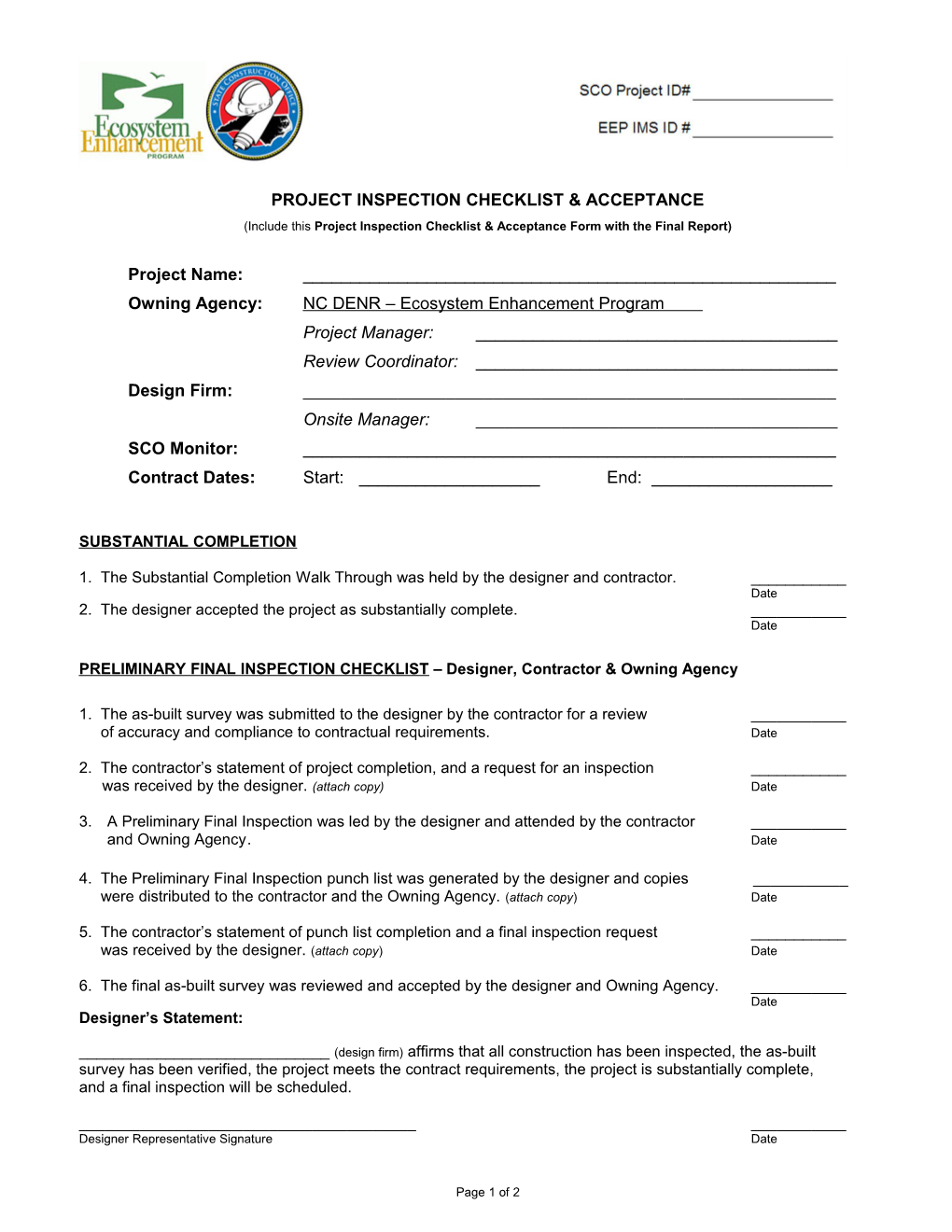 Project Inspection Checklist and Acceptance Form