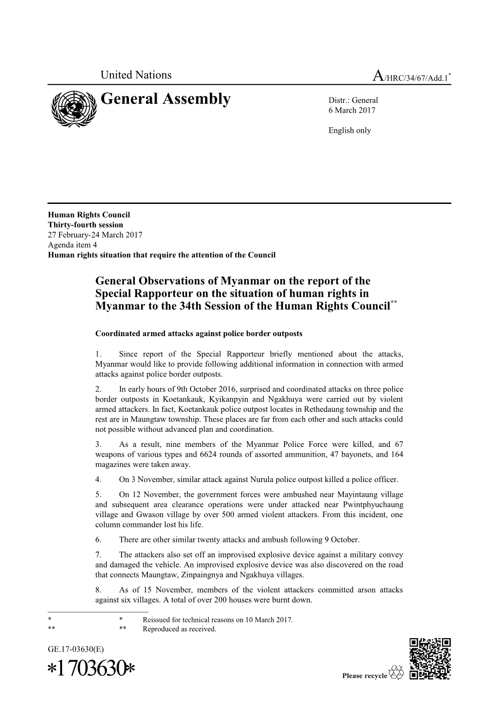 Addendum - General Observations of Myanmar on the Report of the Special Rapporteur on The