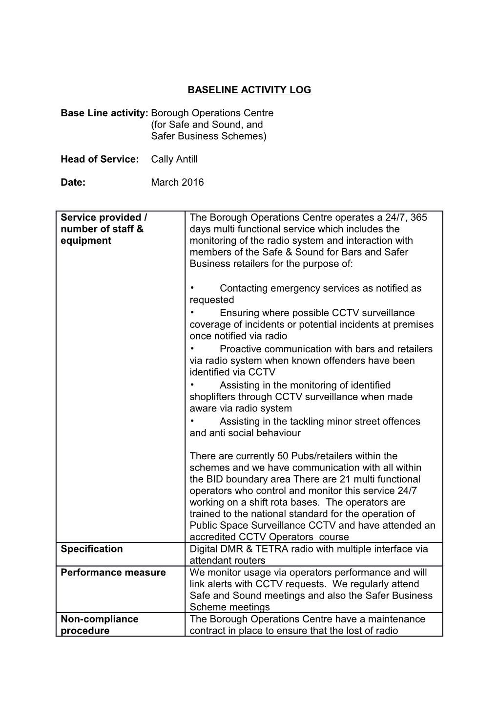 Baseline Activity Log