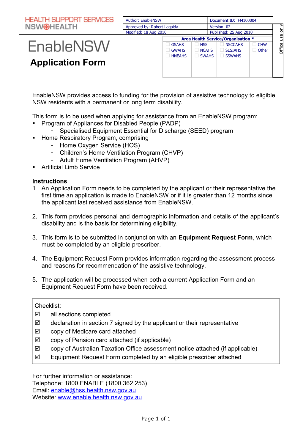 This Form Is to Be Used When Applying for Assistance from an Enablensw Program