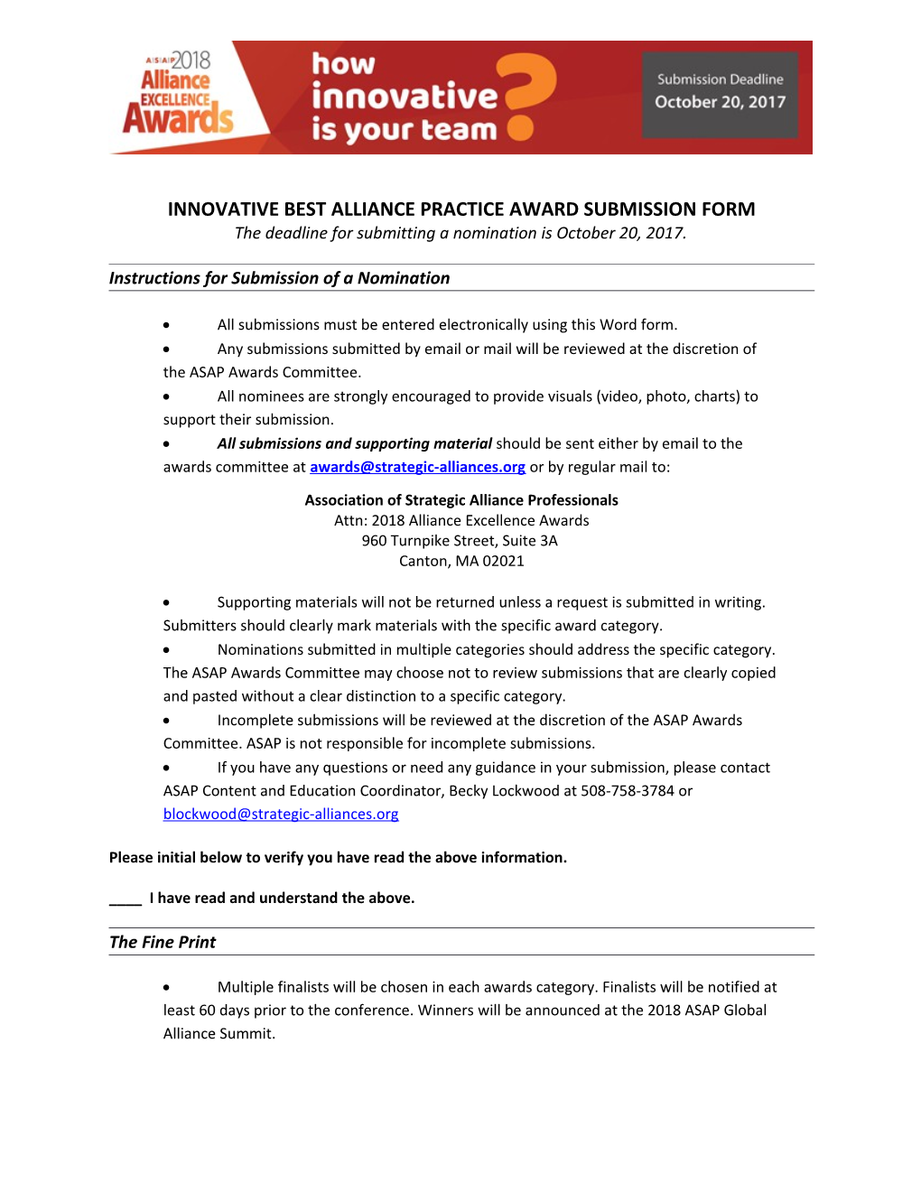 Innovative Best Alliance Practice Award Submission Form