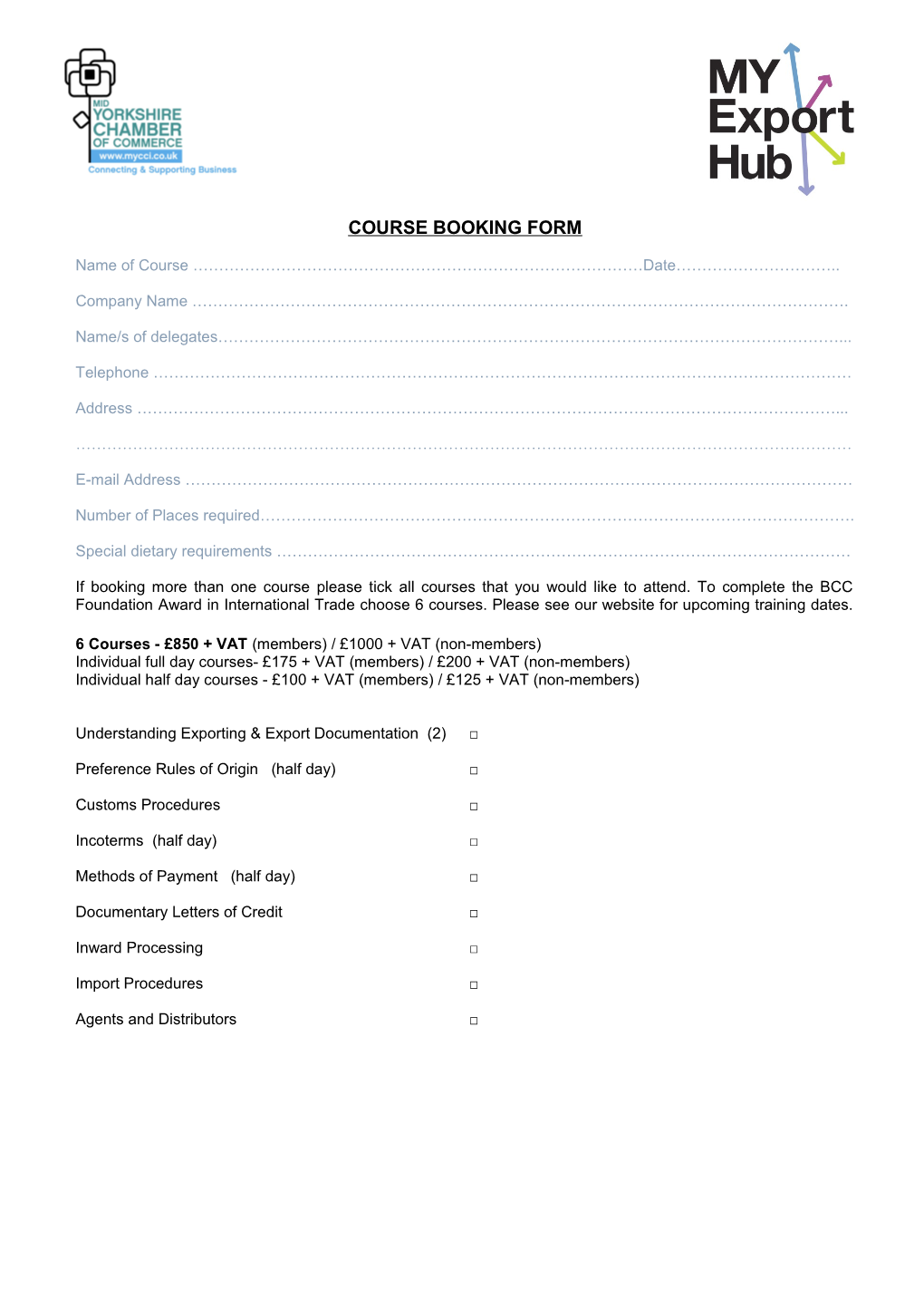 Course Booking Form s1