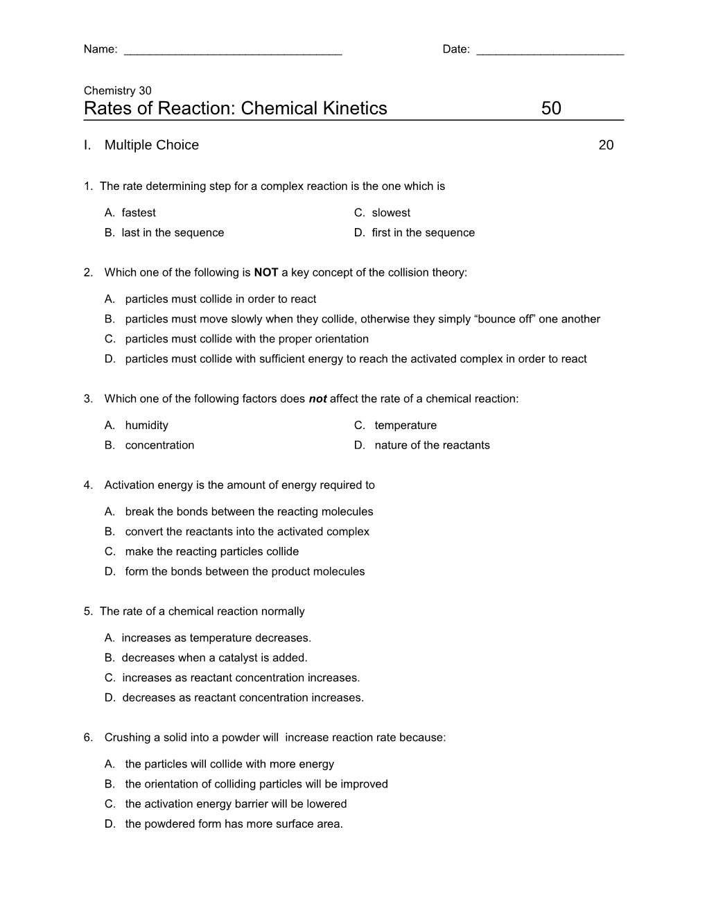 Rates of Reaction: Chemical Kinetics 50