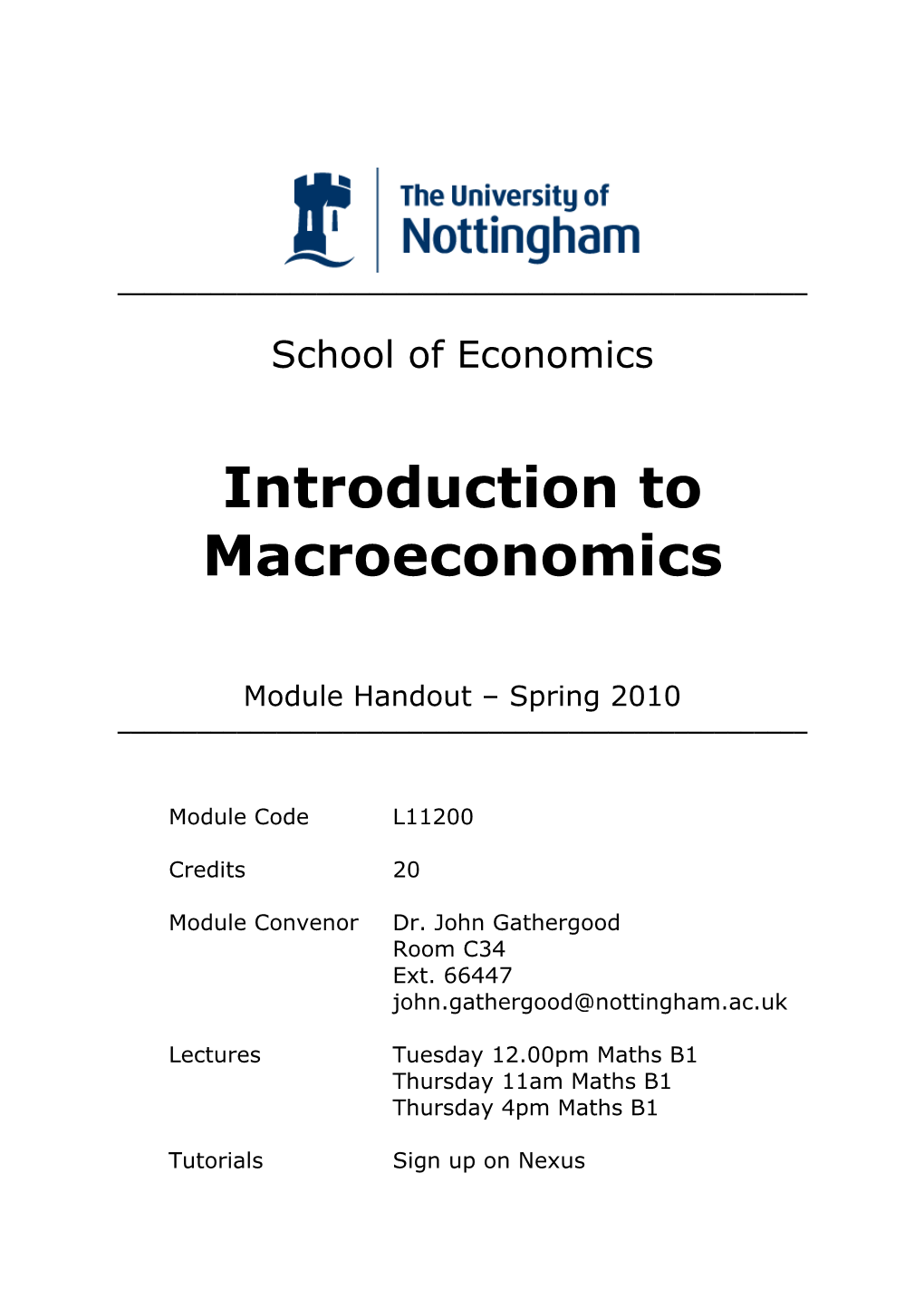 L11200 Introduction to Macroeconomics 2009/10