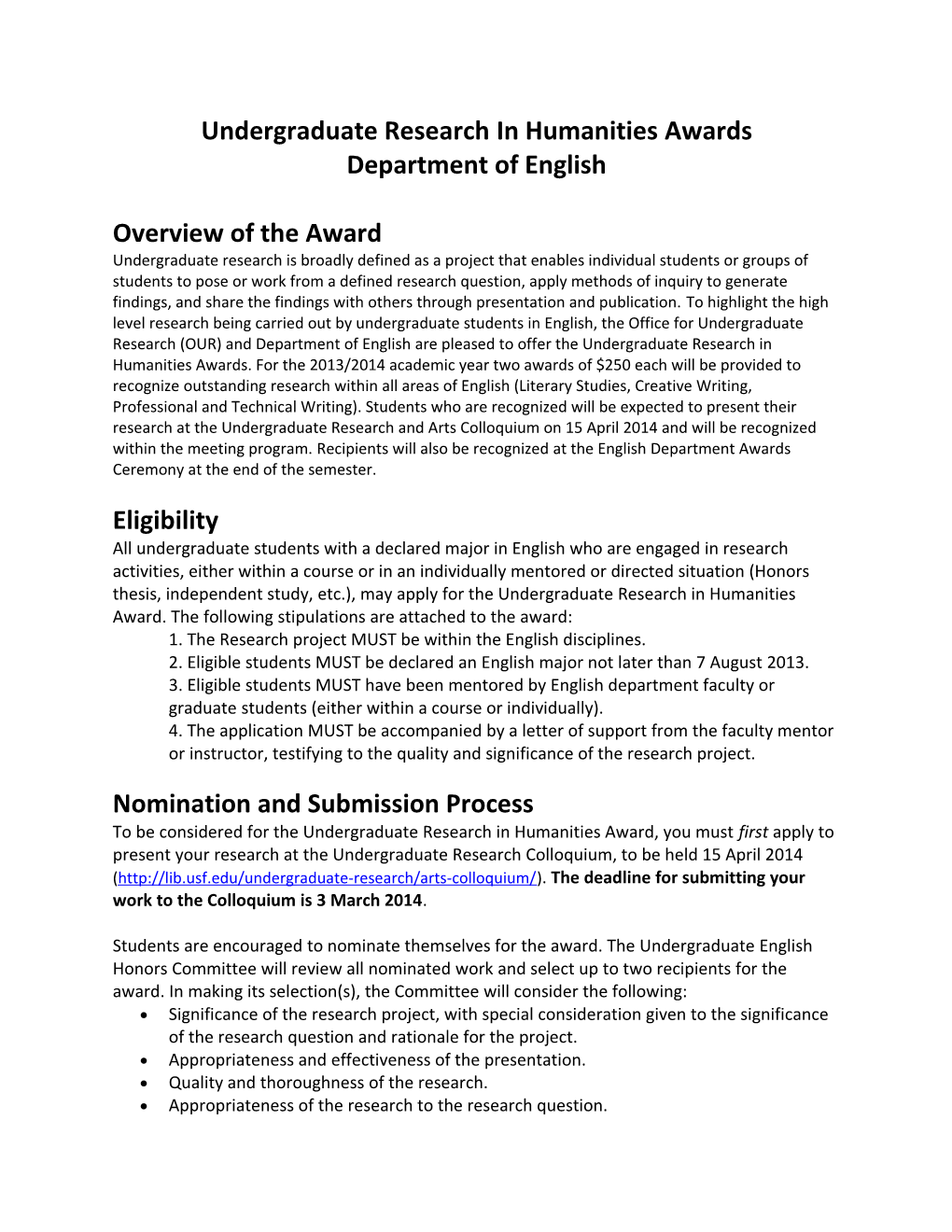 Undergraduate Research in Humanities Awards