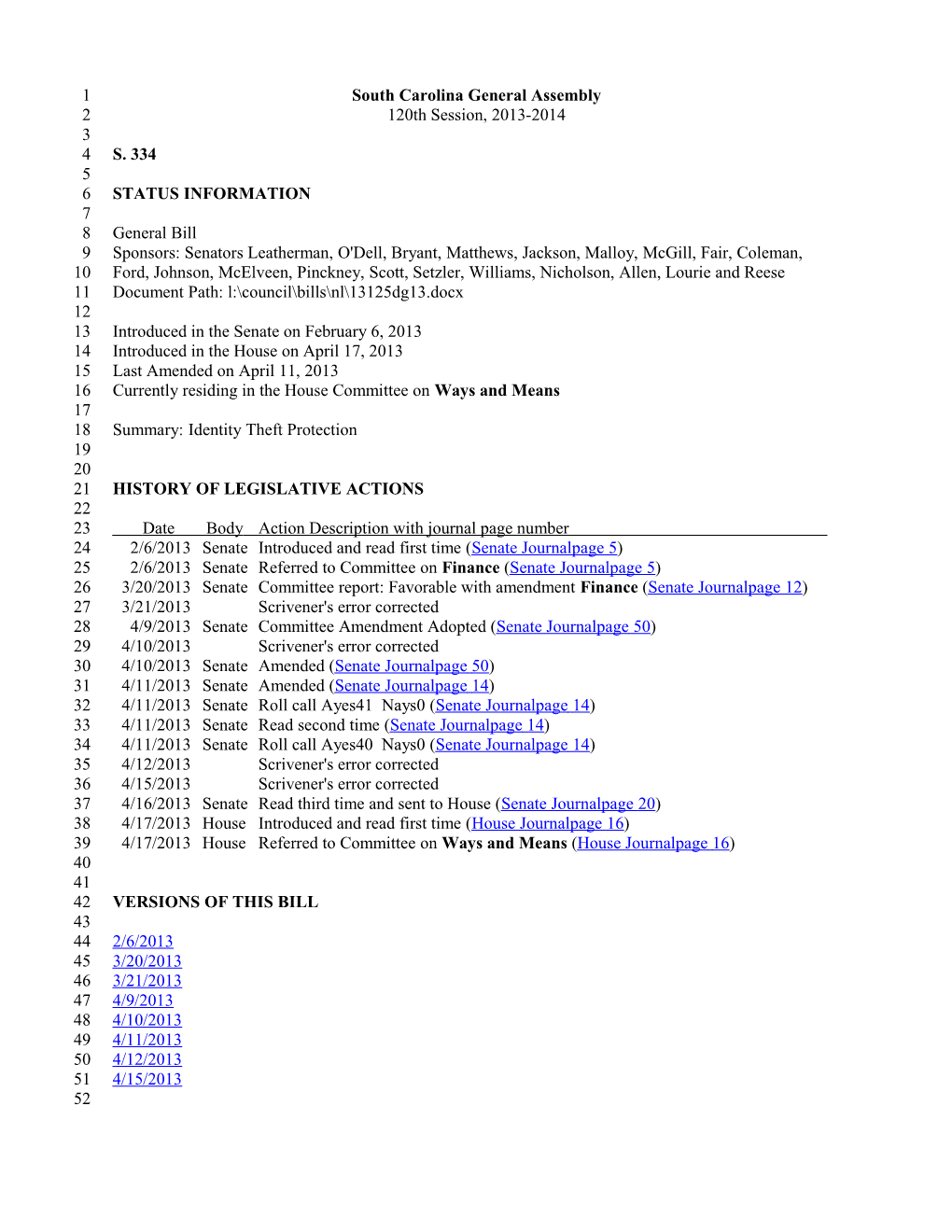 2013-2014 Bill 334: Identity Theft Protection - South Carolina Legislature Online