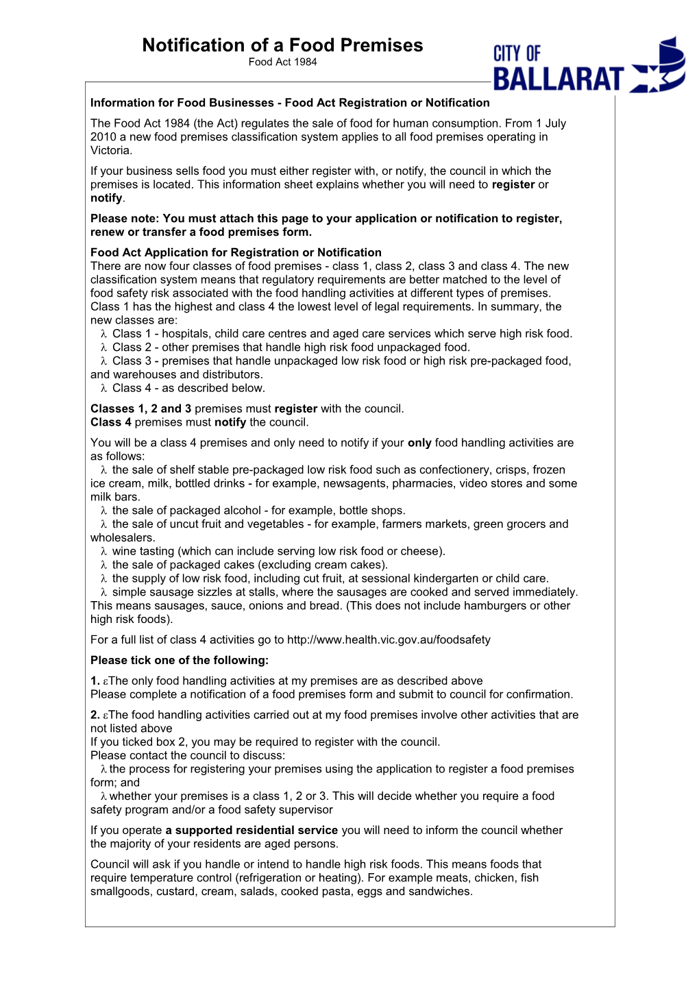 Information for Food Businesses - Food Act Registration Or Notification