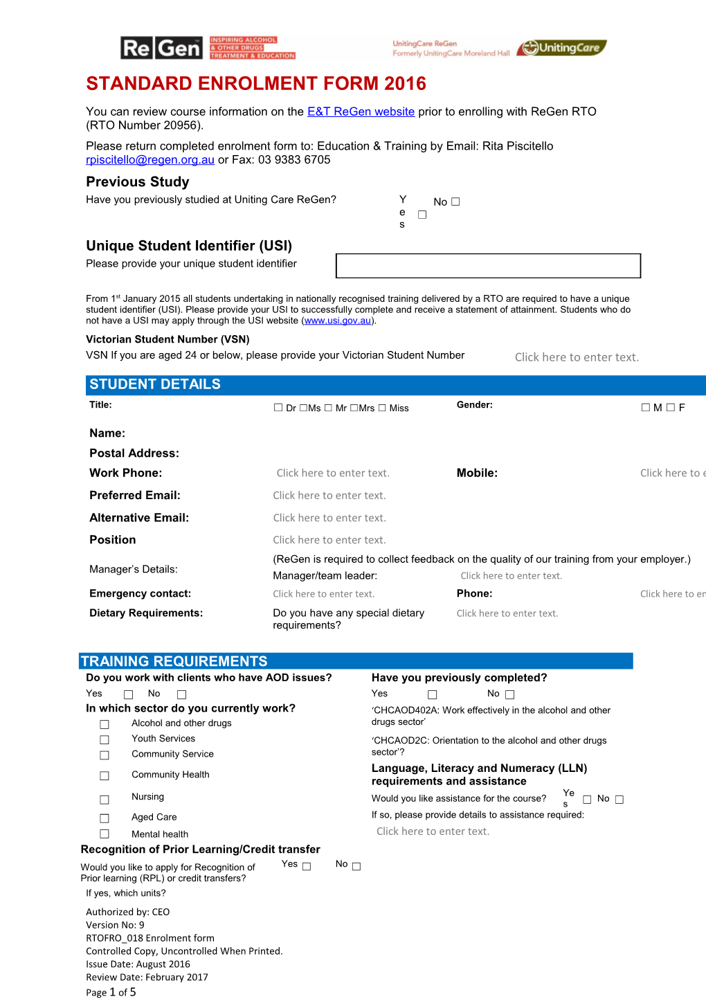 Standard Enrolment Form 2016