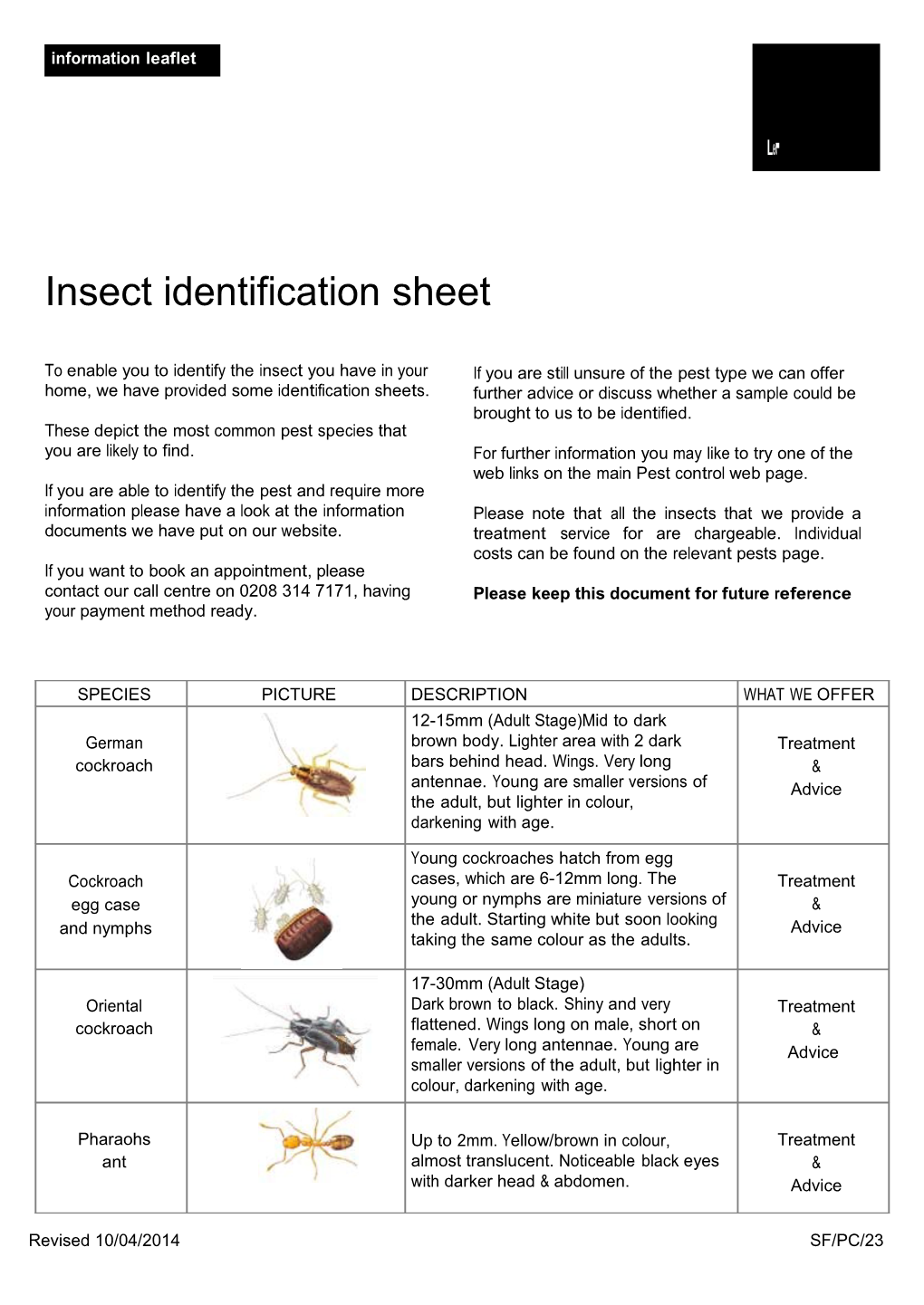 Insect Identification Sheet