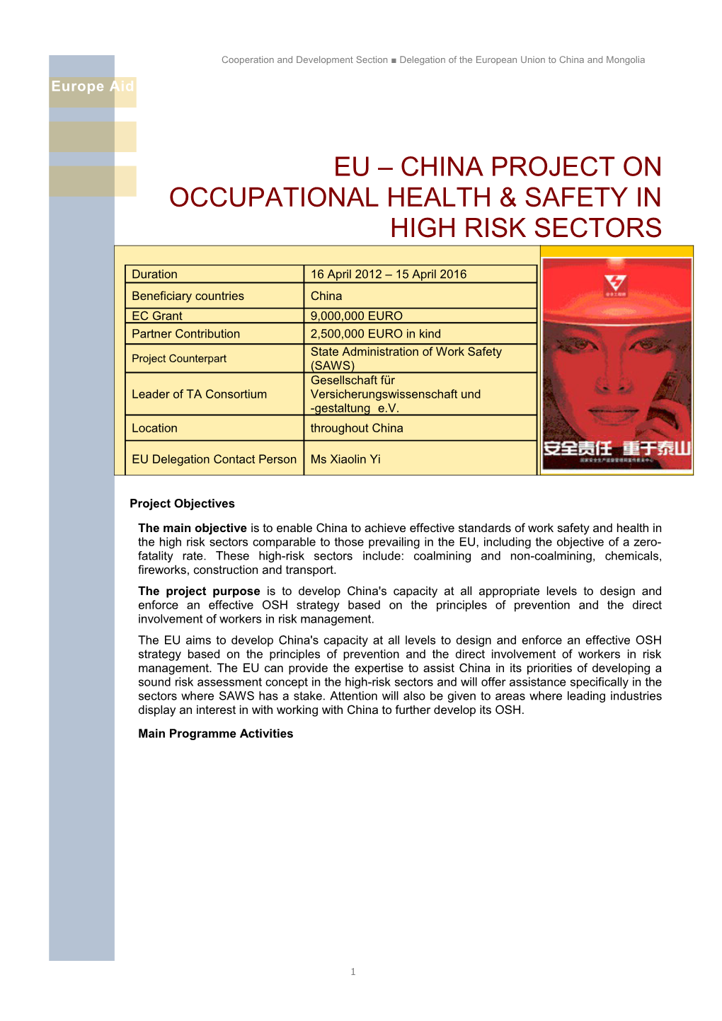 Eu Chinaproject on Occupational Health & Safety in High Risk Sectors
