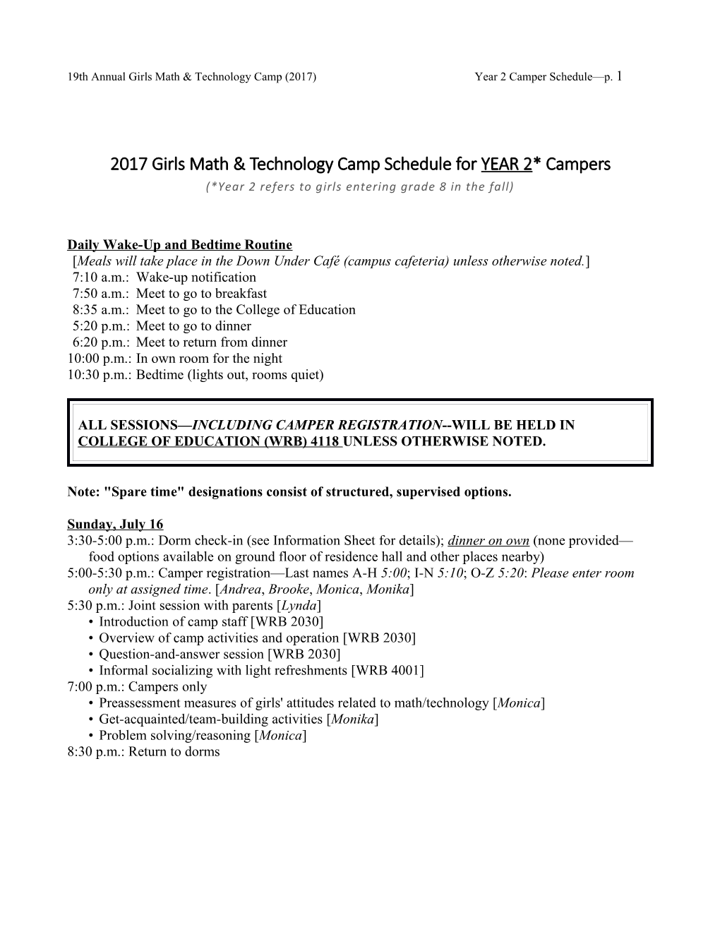 2017 Girls Math & Technology Camp Schedule for YEAR 2* Campers