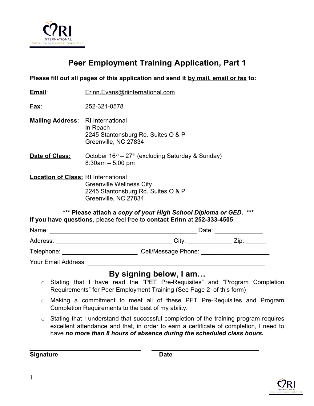 Peer Employment Training Application, Part 1