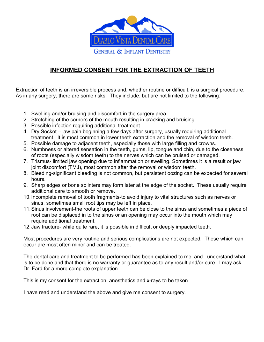 Consent for the Extraction of Teeth