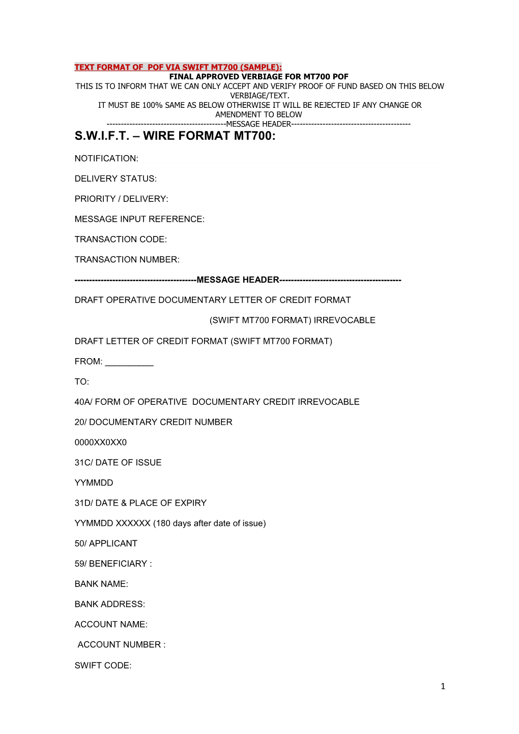 Text Format of Pof Via Swift Mt700 (Sample)
