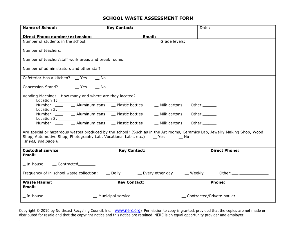 School Waste Assessment Form