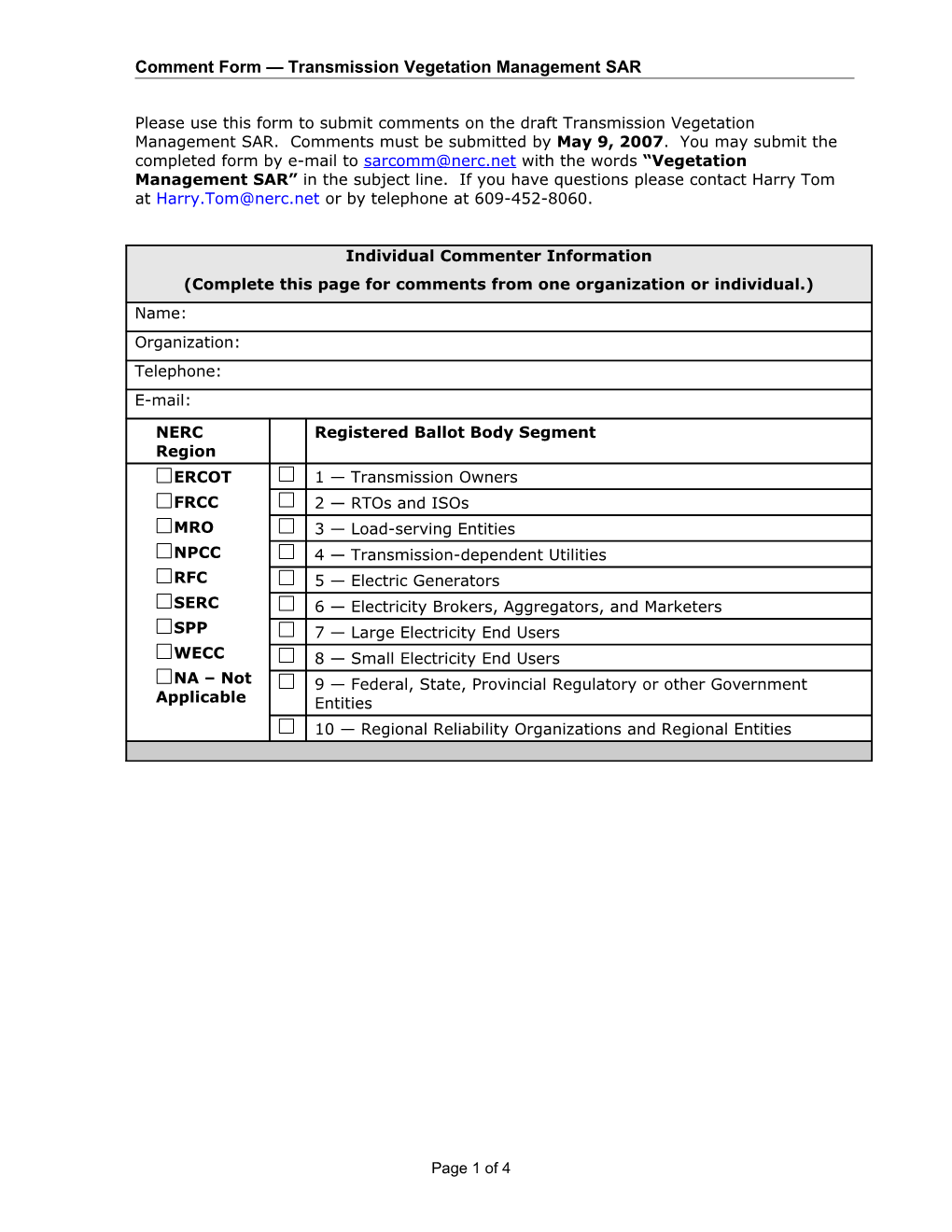 Comment Form Transmission Vegetation Management SAR