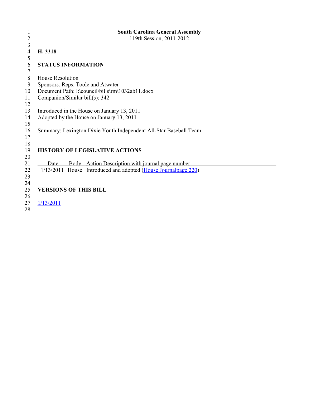 2011-2012 Bill 3318: Lexington Dixie Youth Independent All-Star Baseball Team - South Carolina