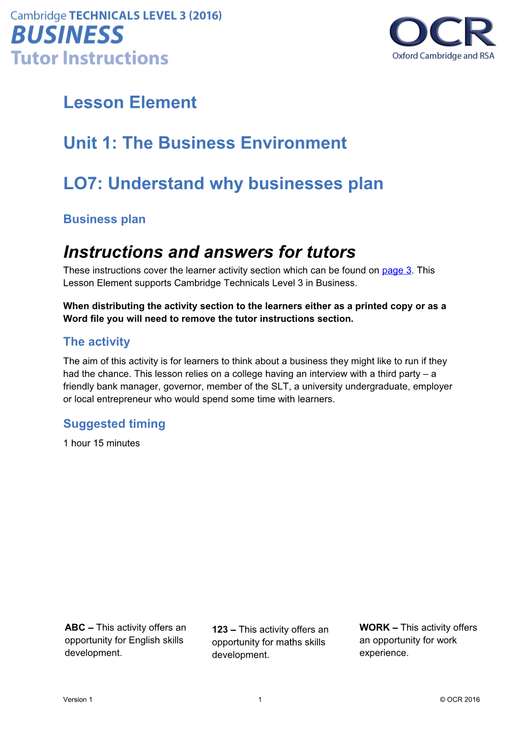 Cambridge Technicals Level 3 Business Lesson Element