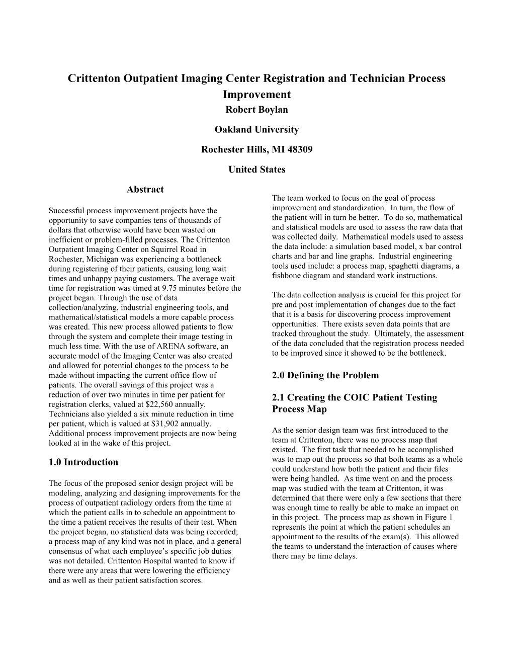 Crittenton Outpatient Imaging Center Registration and Technician Process Improvement