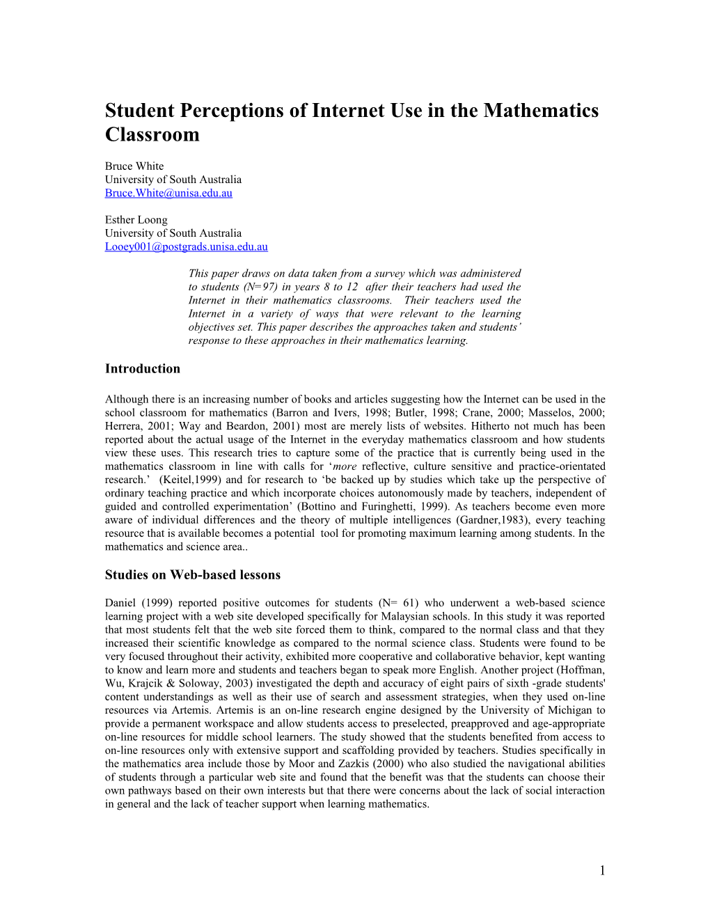 Student Perceptions of Internet Use