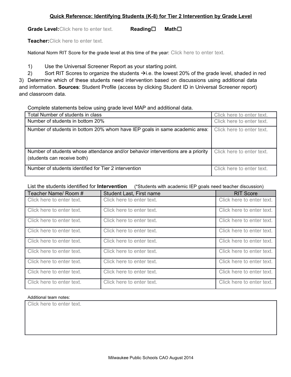 Quick Reference: Identifying Students (K-8) for Tier 2 Intervention by Grade Level