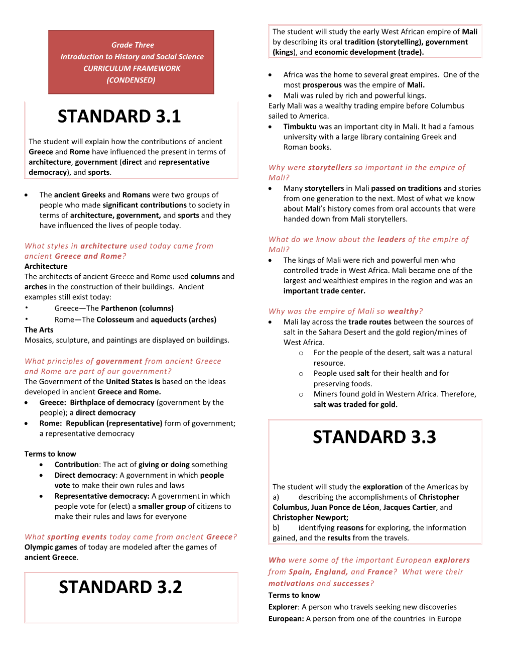 Grade Three Introduction to History and Social Science CURRICULUM FRAMEWORK (CONDENSED)