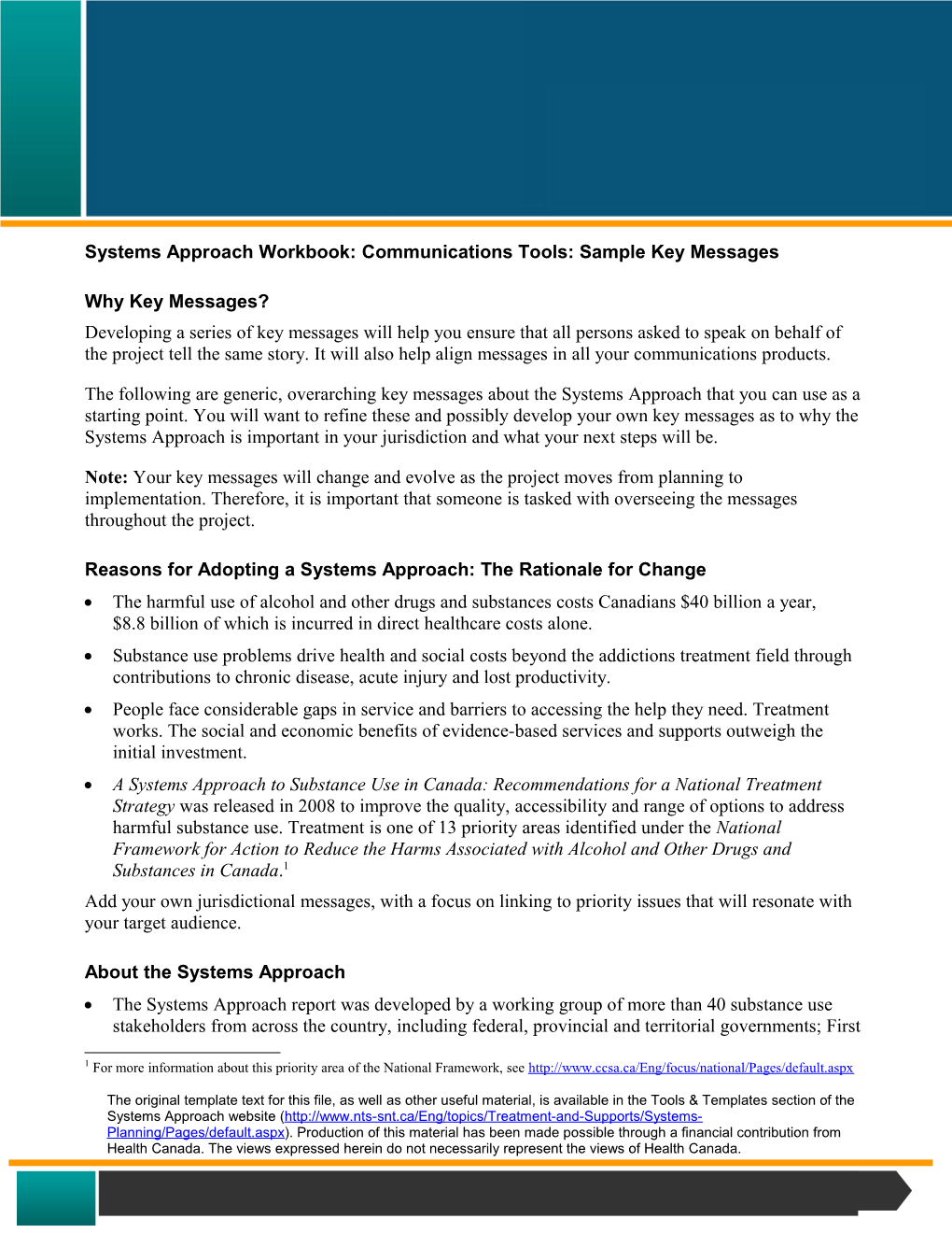Systems Approach Workbook: Communications Tools: Sample Key Messages