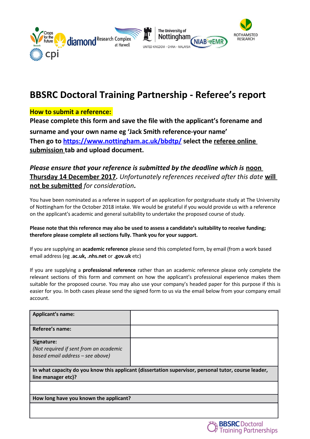 BBSRC Doctoral Training Partnership - Referee S Report