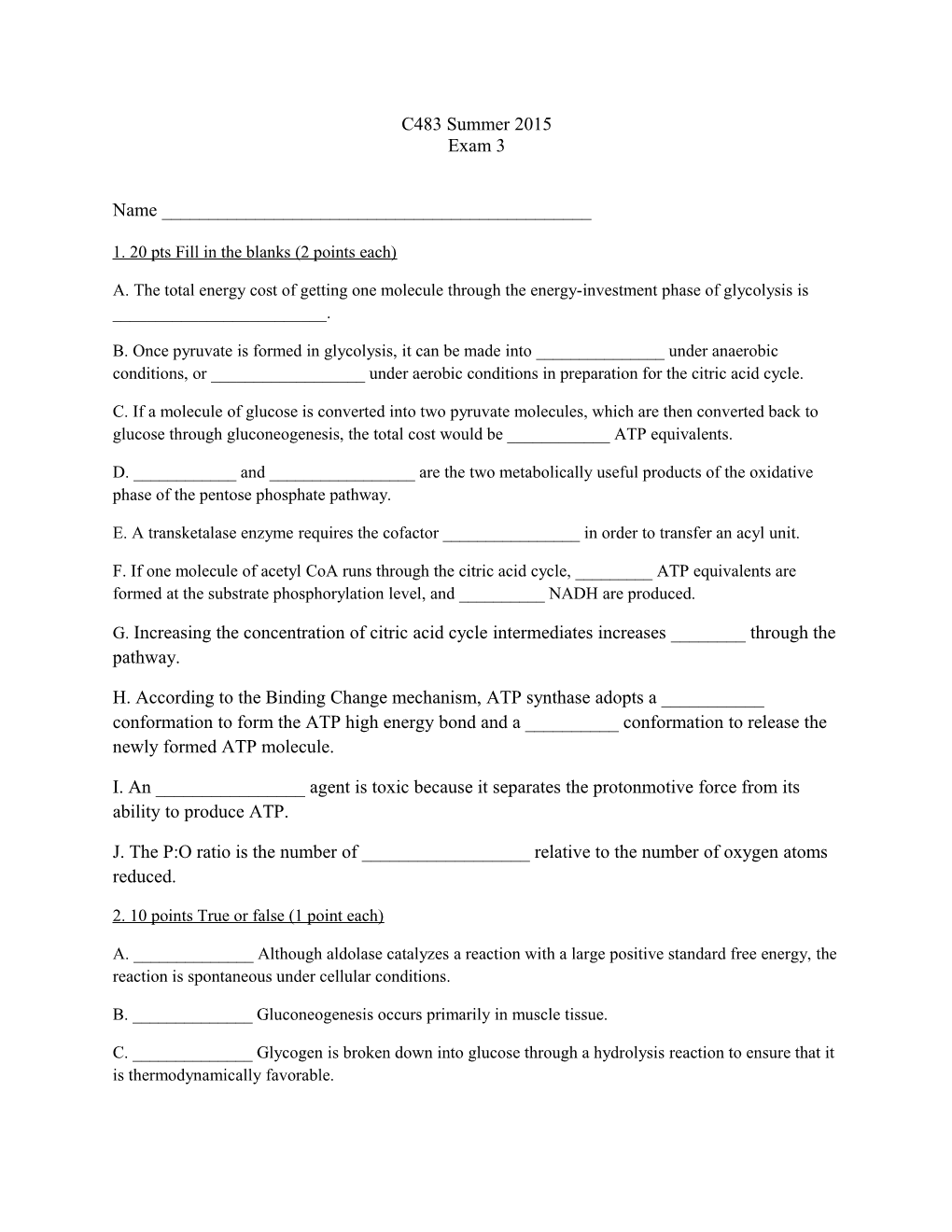 1. 20 Pts Fill in the Blanks (2 Points Each)