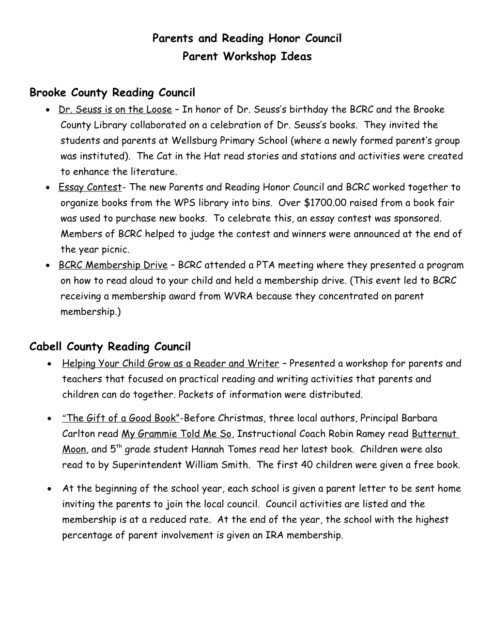 Parents and Reading Honor Council