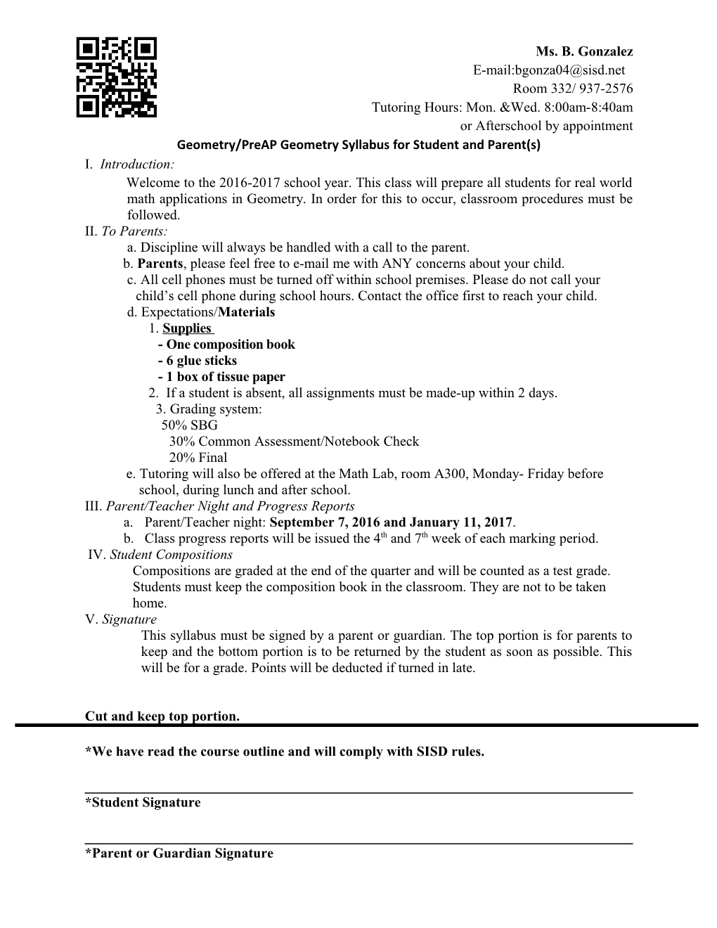 Geometry/Preap Geometry Syllabus for Student and Parent(S)