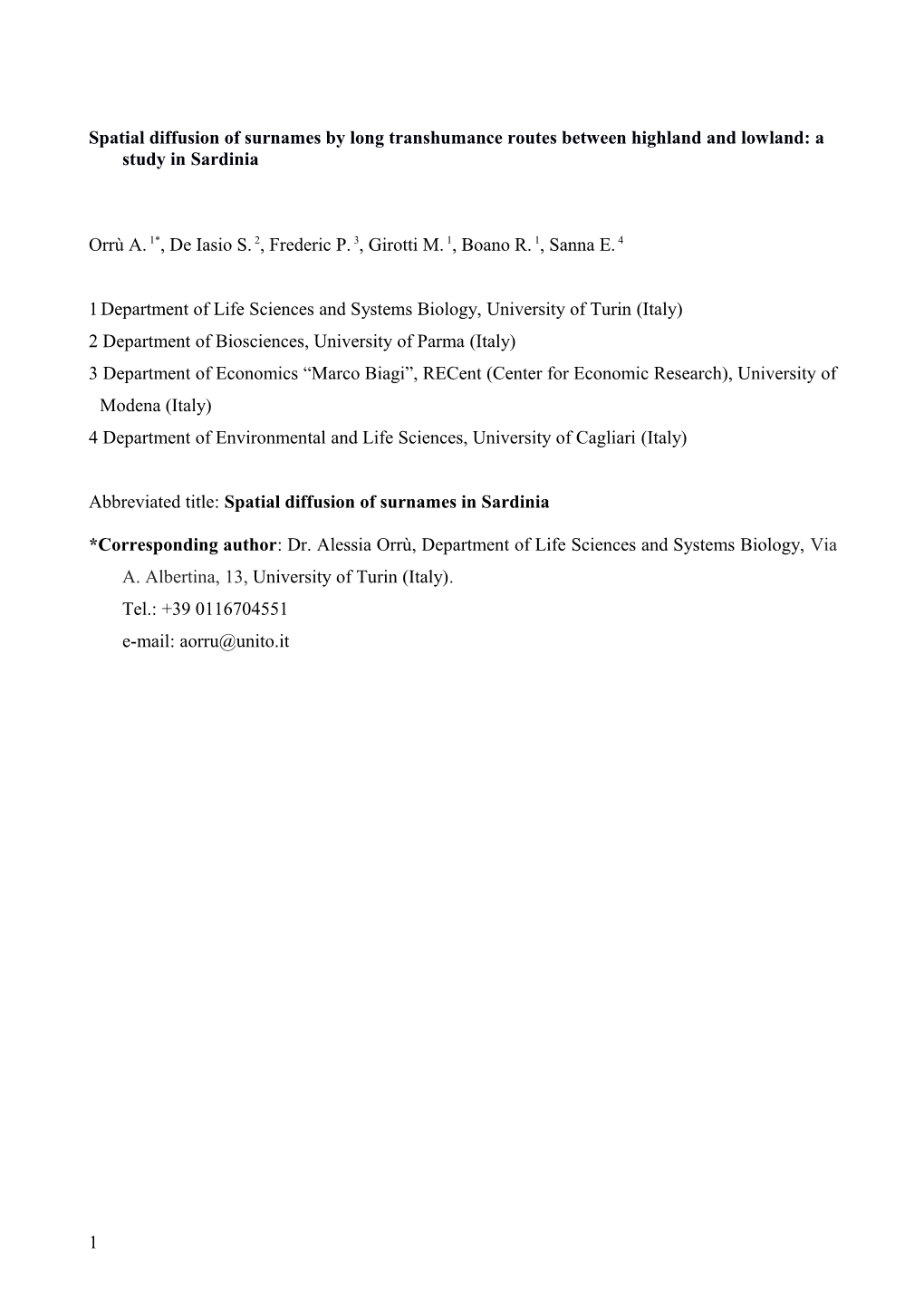 Spatial Diffusion of Surnames by Long Transhumance Routes Between Highland and Lowland