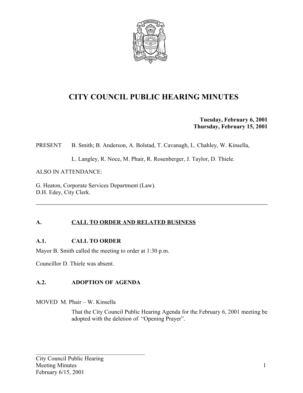 Minutes for City Council February 6, 2001 Meeting