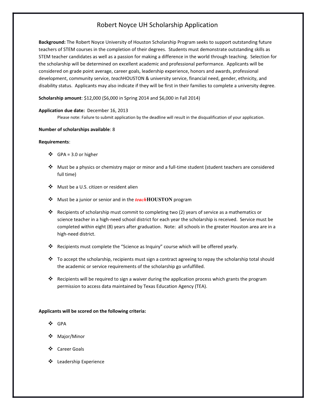 Robert Noyce UH Scholarship Application