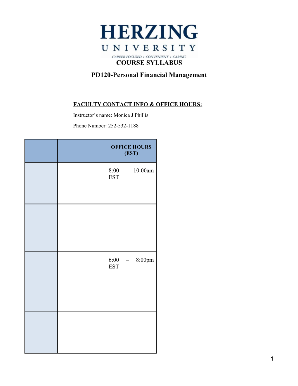 Faculty Contact Info & Office Hours