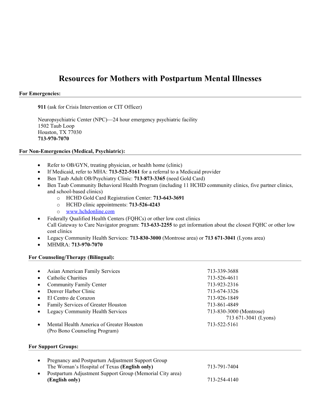 Resources for Mothers with Postpartum Mental Illnesses